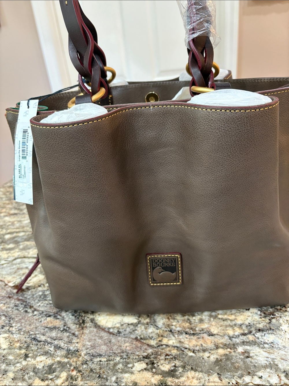 NWT Dooney & Bourke Florentine Leather Large Zip Barlow Satchel in Elephant - Picture 2 of 9